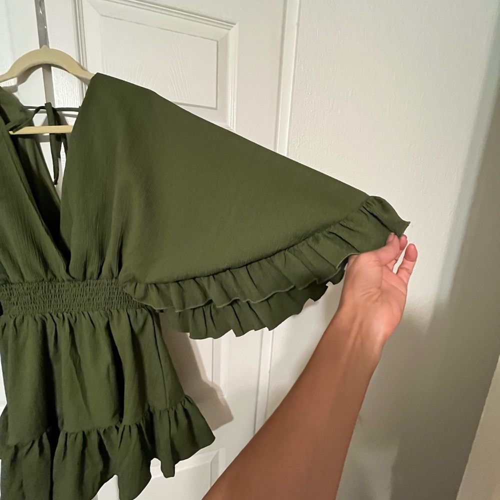 Plunging ruffle-trim mini dress with shorts built in. V-neck olive color. L, NWT - Picture 5 of 13